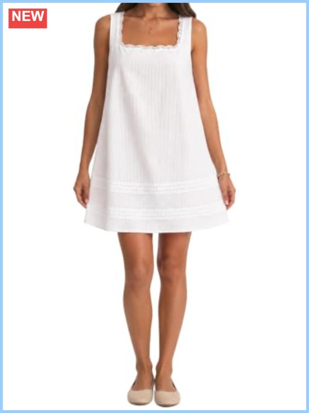 Women's Cotton Mini Dress Square Neck Lace Trim Flowy A-Line Sundress
